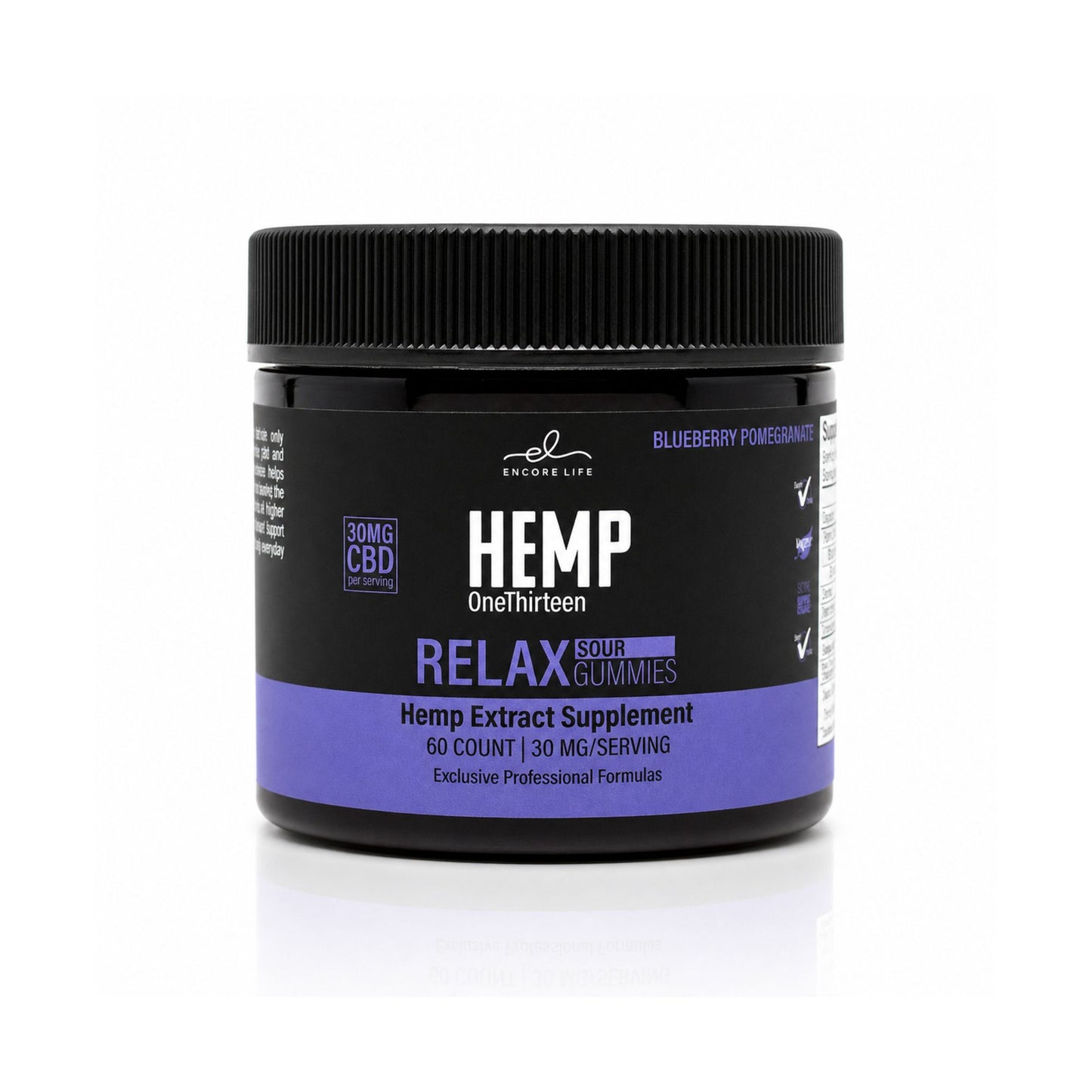 Relax Sour Gummies bottle, blueberry pomegranate flavor, Encore Life