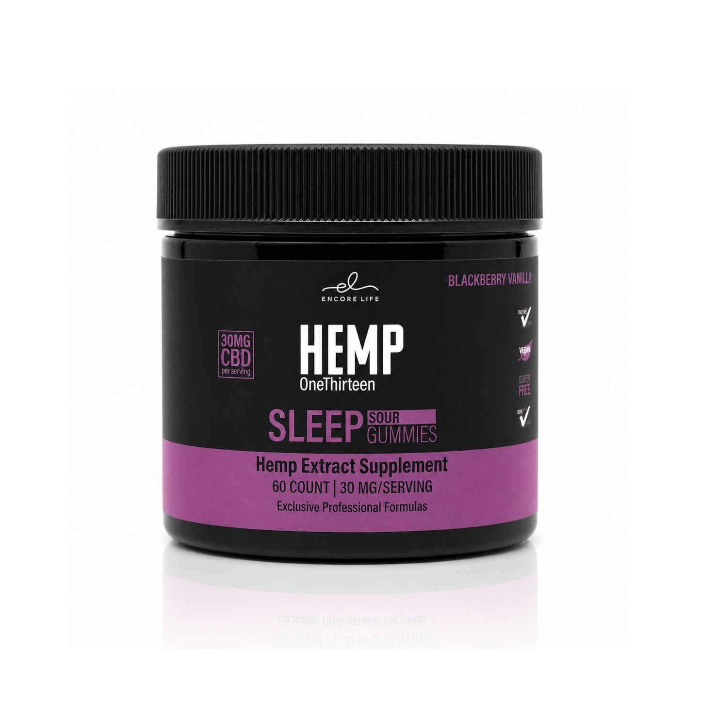 Sleep Sour Gummies bottle, blackberry vanilla flavor, Encore Life